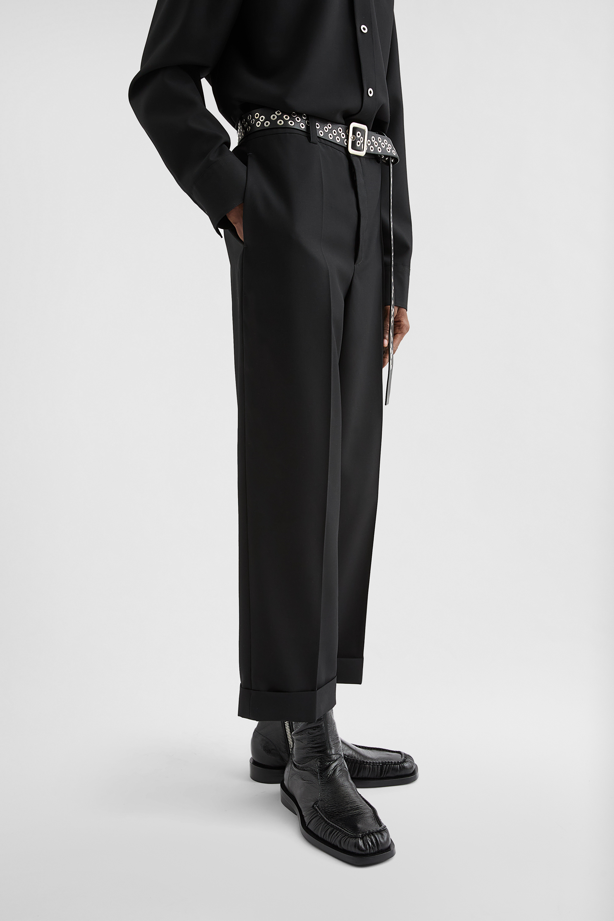 Wool Poplin Belted Trousers - Trousers - Image 3